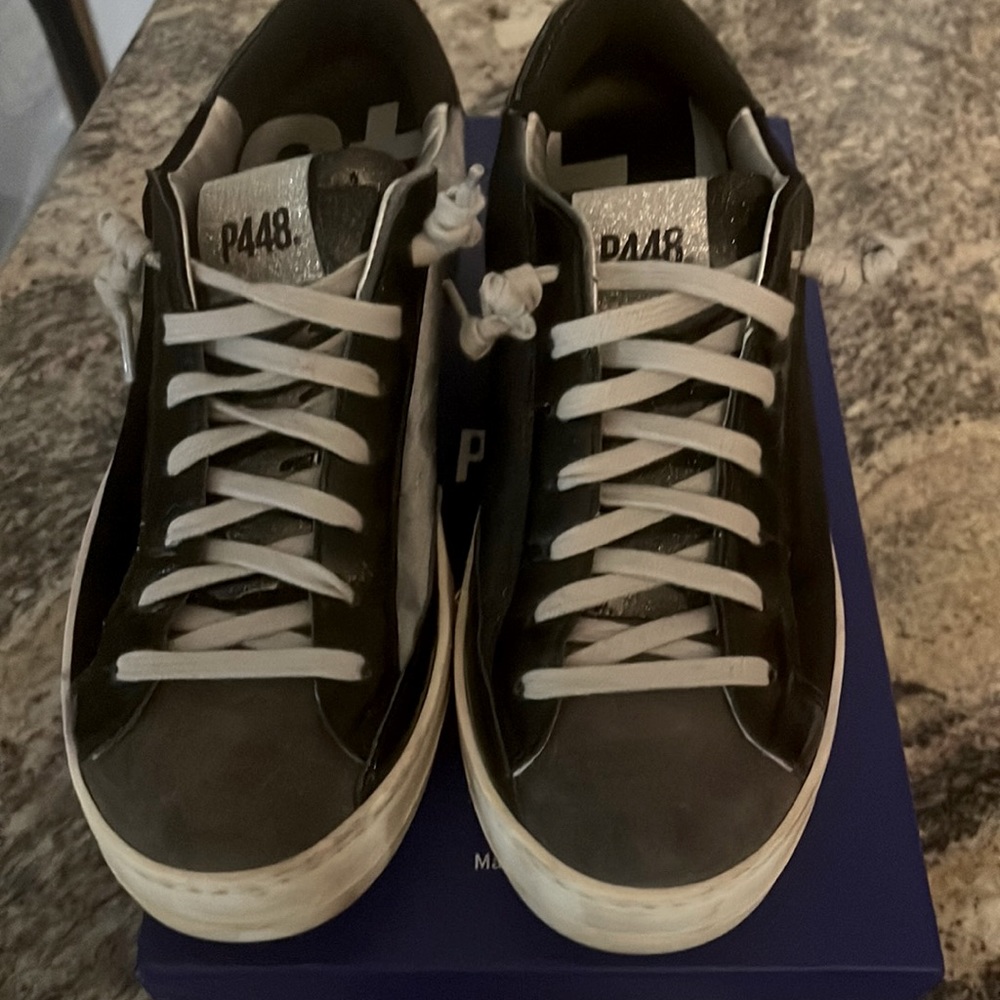 P448 gray and black suede with black Patton and silver sparkle accents